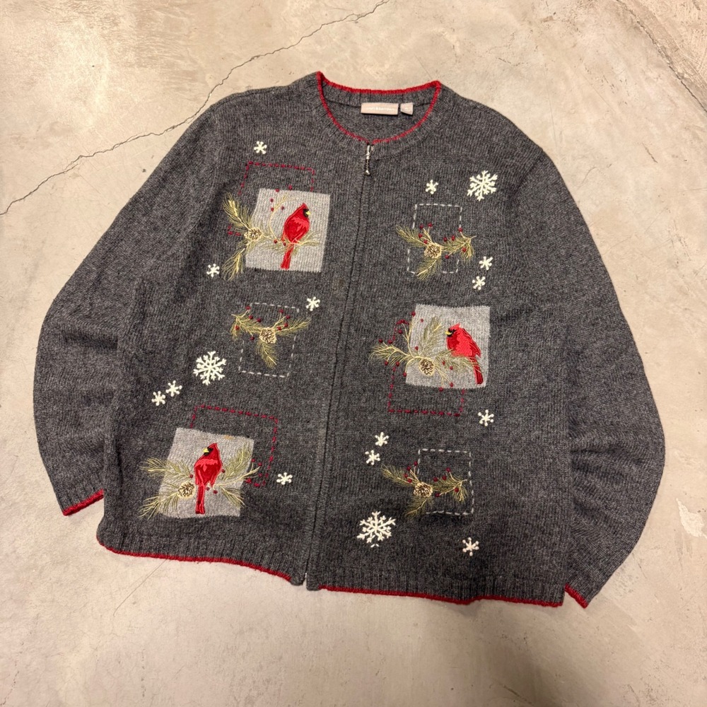 Croft & Barrow Christmas Cardinal Snowflake Zip Front Cardigan Sweater Gray XL